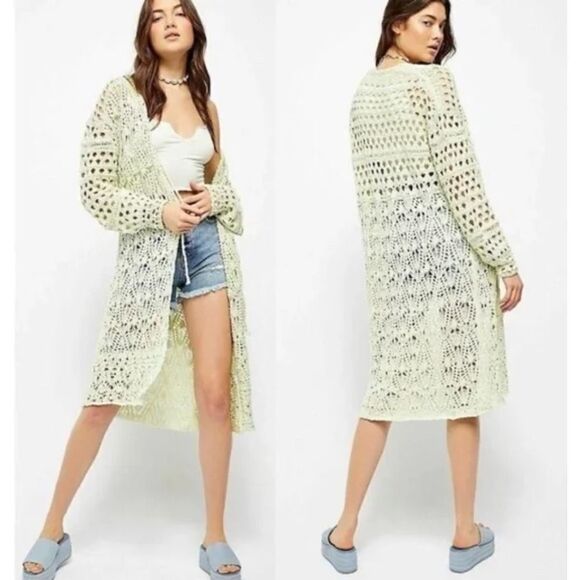 Free People‎ Sweet Talker Long Crochet Cardigan Honeydew Green XS Extra Small - Picture 1 of 13